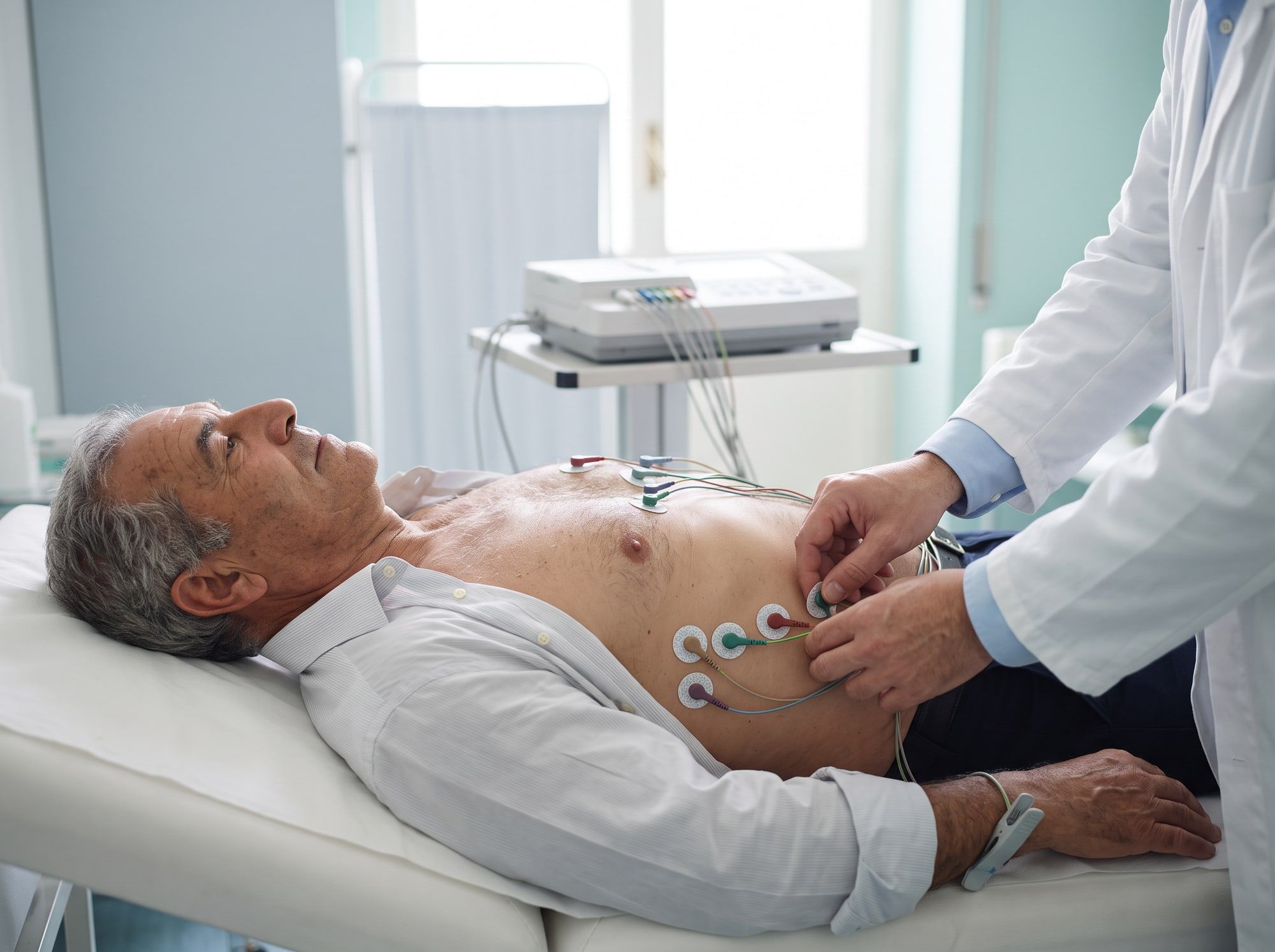 Paziente sdraiato sul lettino con gli elettrodi dell’elettrocardiogramma sul torace