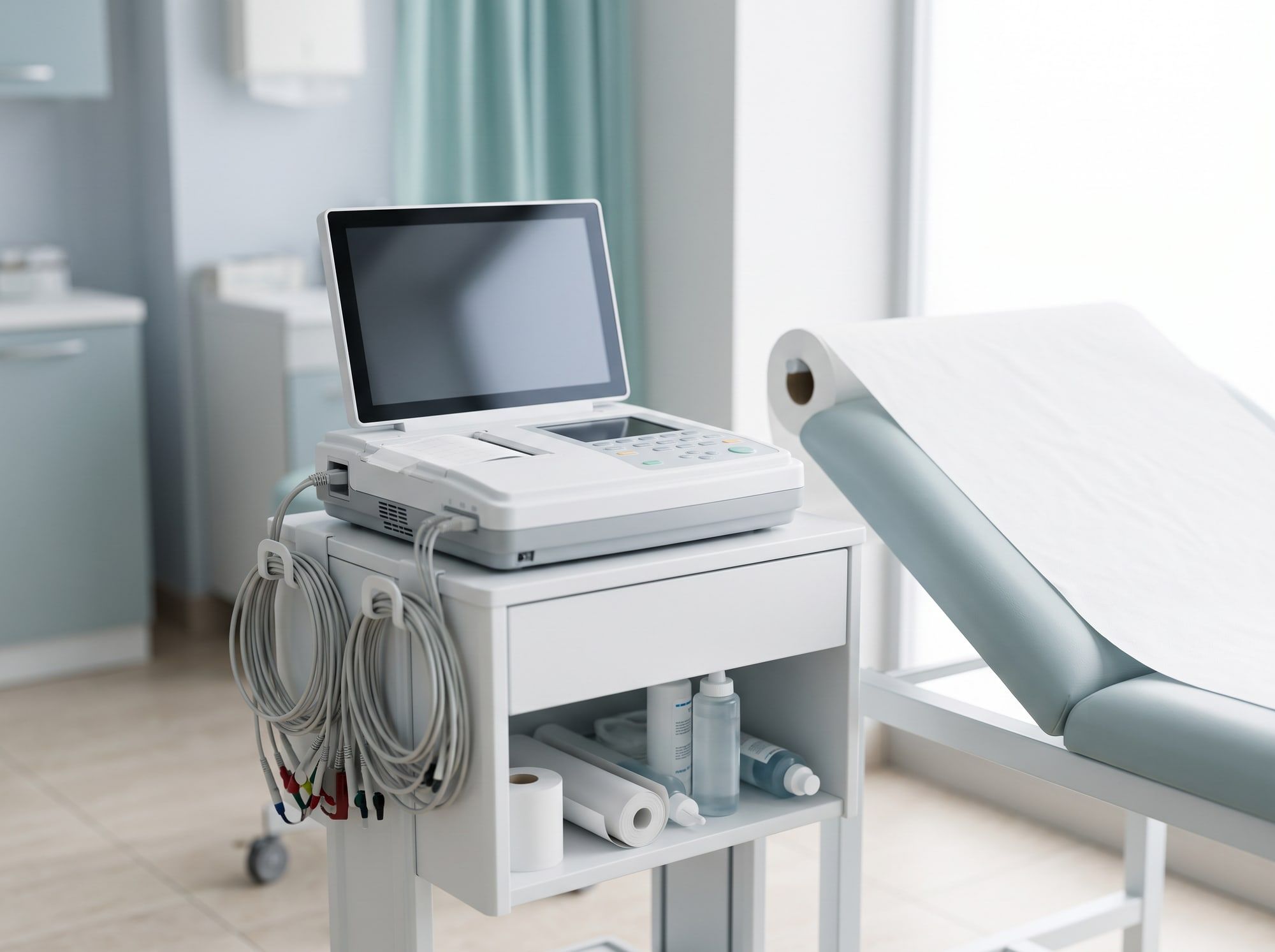 Un elettrocardiografo a 12 derivazioni su un carrello