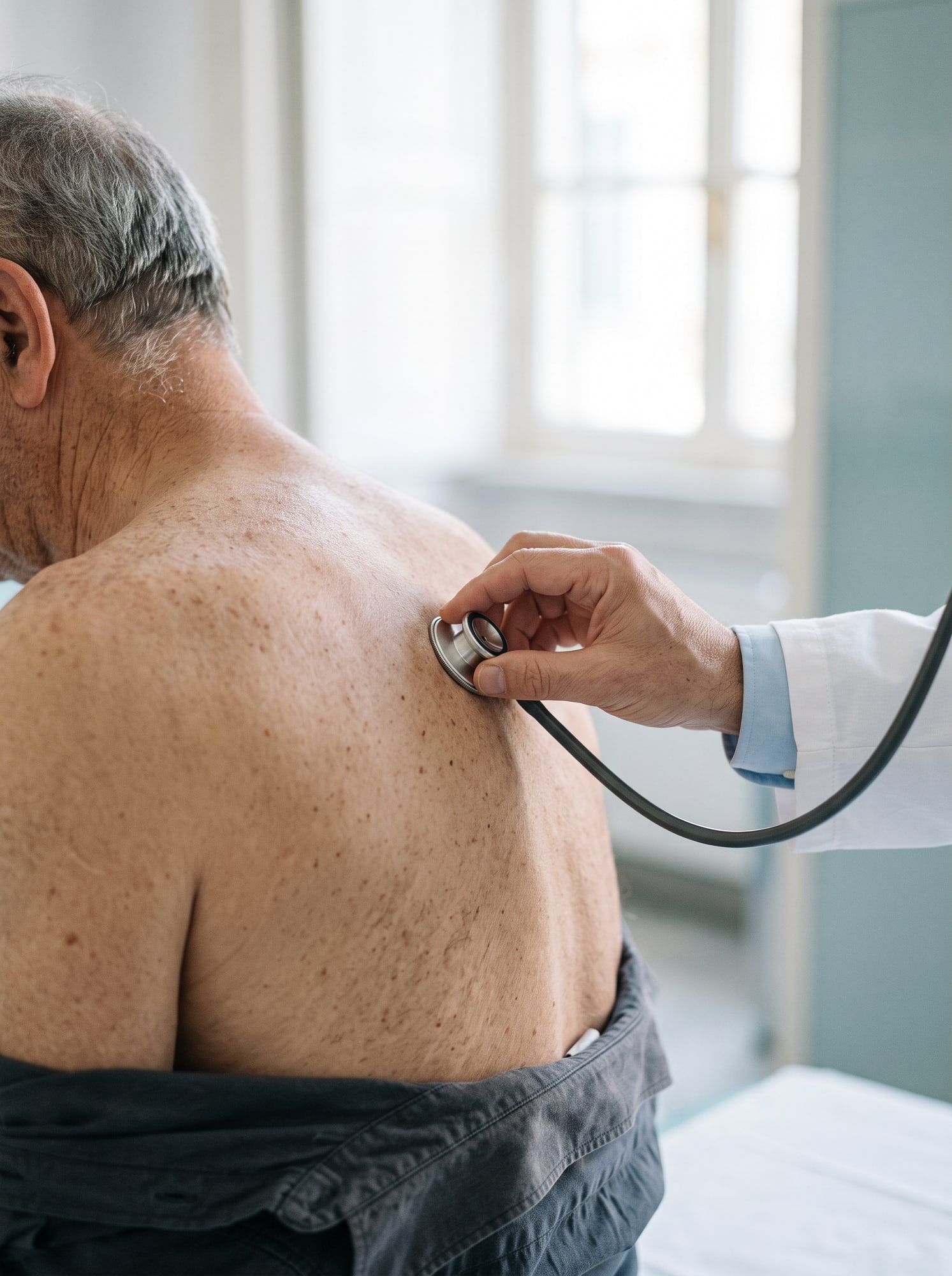 Il medico ascolta con lo stetoscopio la schiena di un paziente